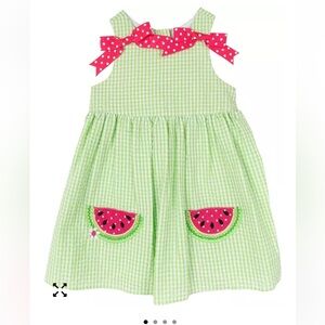 Rare Editions Green seersucker Dress with Pink Watermelon Detail